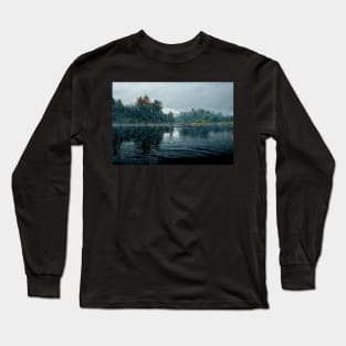 Foggy Lake Falling Raindrops On A Rainy Autumn Day Long Sleeve T-Shirt